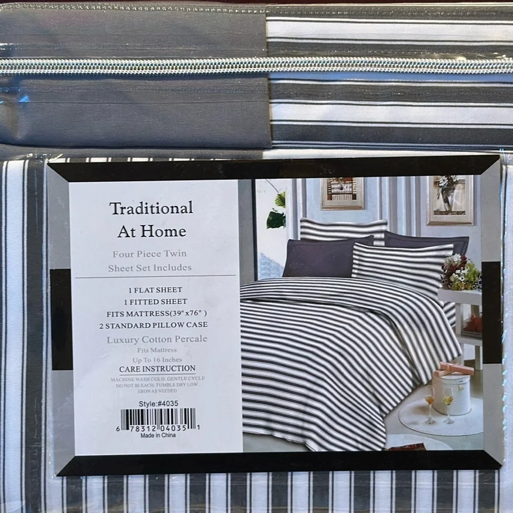 Traditional At Home 4 pc Twin Sheet Set Gunmetal Gray and white stripes.